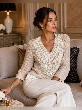 V Cristina Beige Knit V-Neck Sweater with Ivory Jewel Embellishment - Size Small